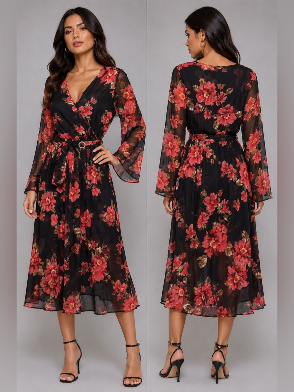 NWOT Alexa B Nites Black Floral Chiffon Maxi Wrap Dress Rhinestone Size 6